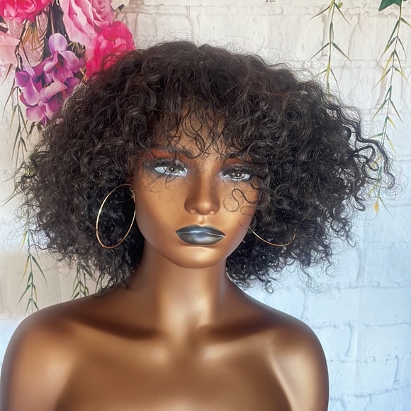 💕 12” HUMAN HAIR SHORT Curly Wig With Bangs FULL CAP WITH BAND & lace top *NEW* - Picture 5 of 17